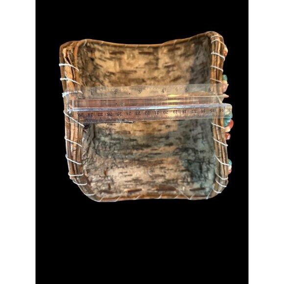 Handcrafted Birch Bark Basket With Beaded Handle & Metal Accent - Picture 3 of 6